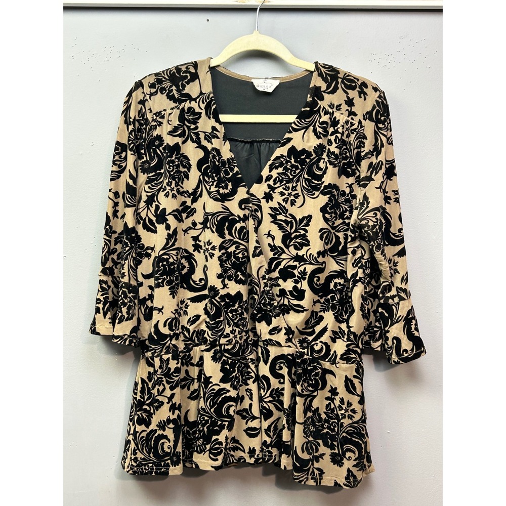 Ember Blouse Womens Medium Tan Black Floral Damask Velvet Burnout Peplum‎ Top
